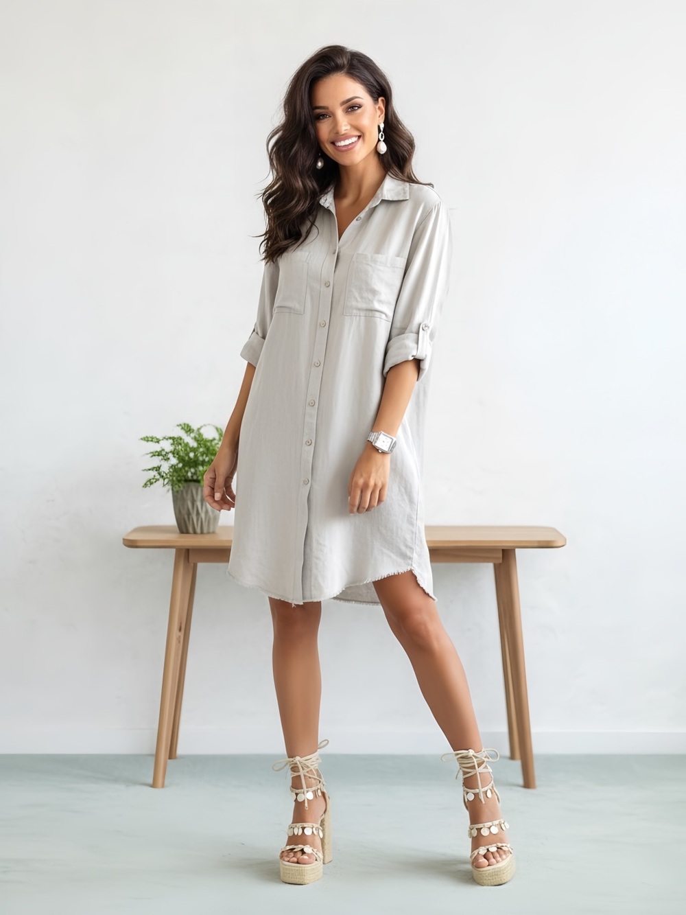 Light Gray Button-Front Mini Shirt Dress